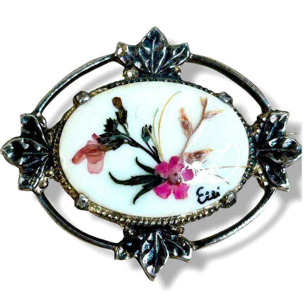 Vintage Artist Signed Hand Painted Porcelain Floral Brooch Leaf Motif Frame